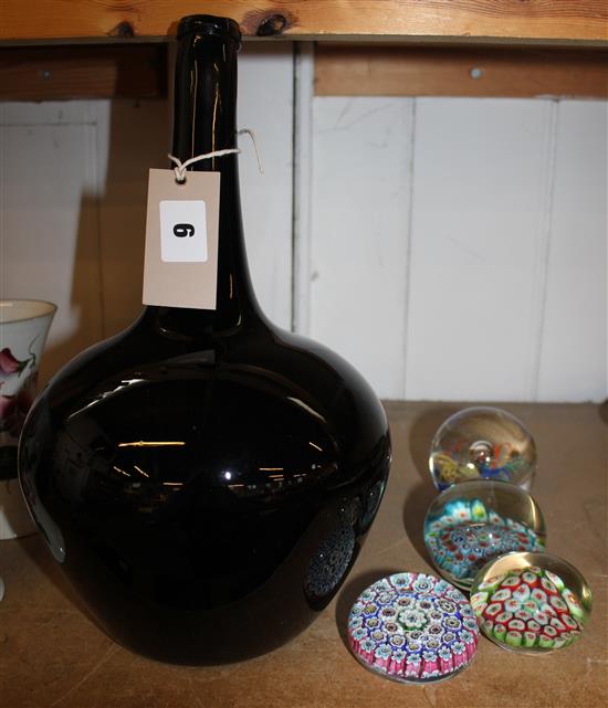 Black bottle vase & 4 glass paper weights